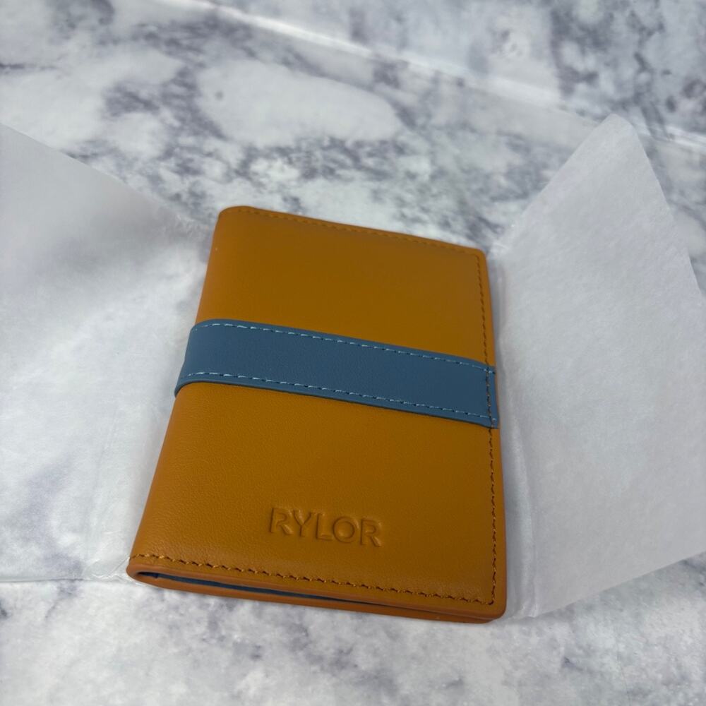 New RYLOR Stripe Bifold Luxury Oiled Leather Wallet Brown &Blue Gift Slim Card